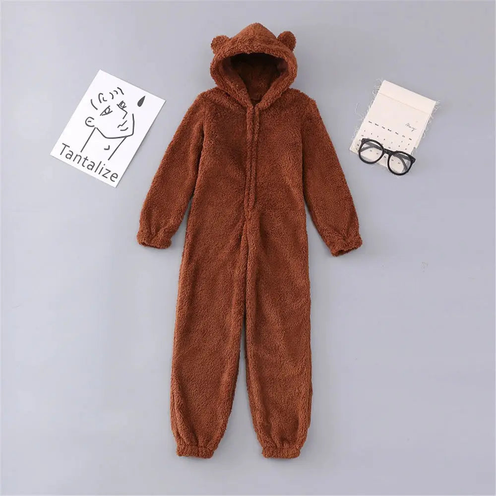 Women Winter Teddy Pajama Cute Bear Ears Sweater Fluffy Jumpsuit Plus Size 5XL Hooded Homewear Harajuku Fashion Plush Pajamas