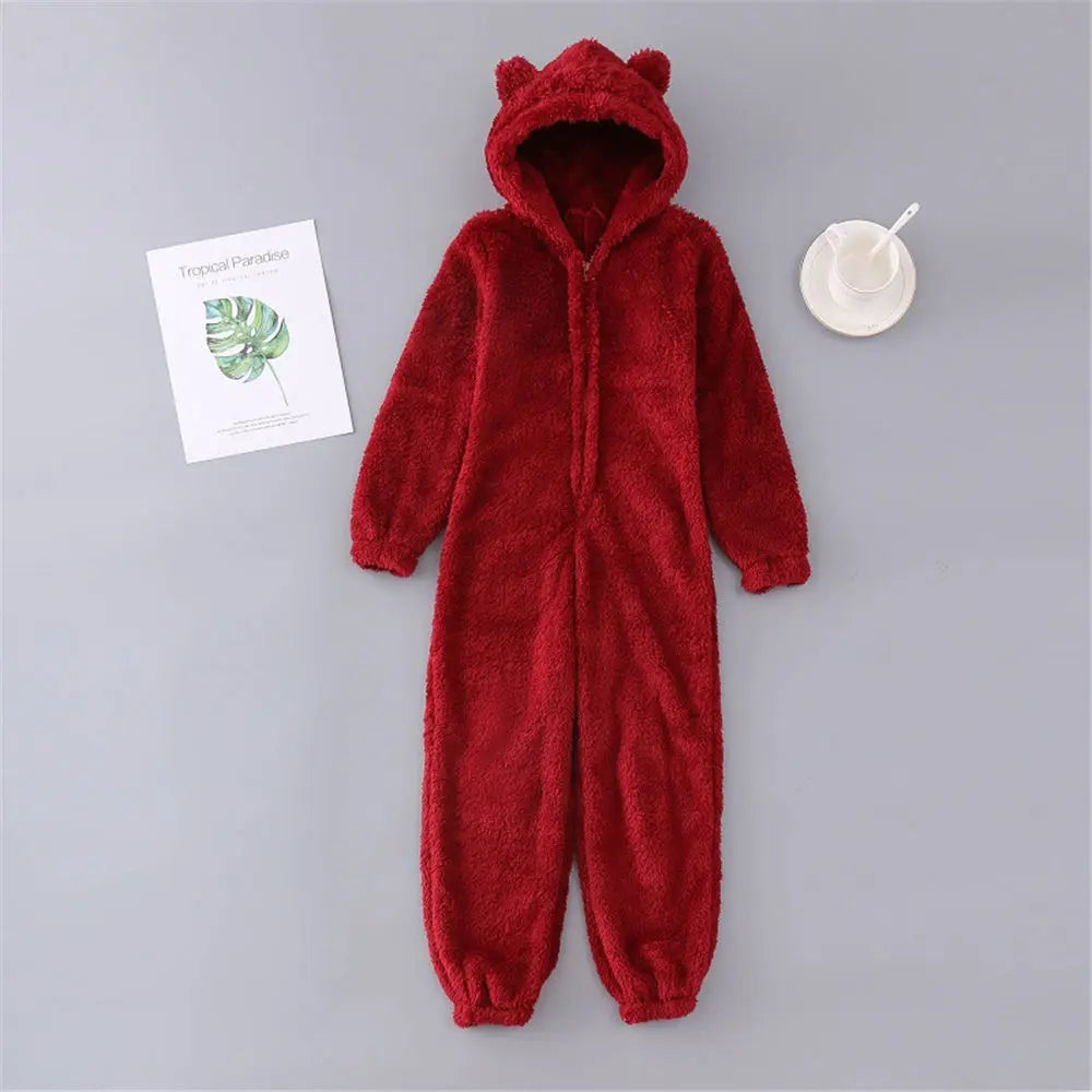 Women Winter Teddy Pajama Cute Bear Ears Sweater Fluffy Jumpsuit Plus Size 5XL Hooded Homewear Harajuku Fashion Plush Pajamas