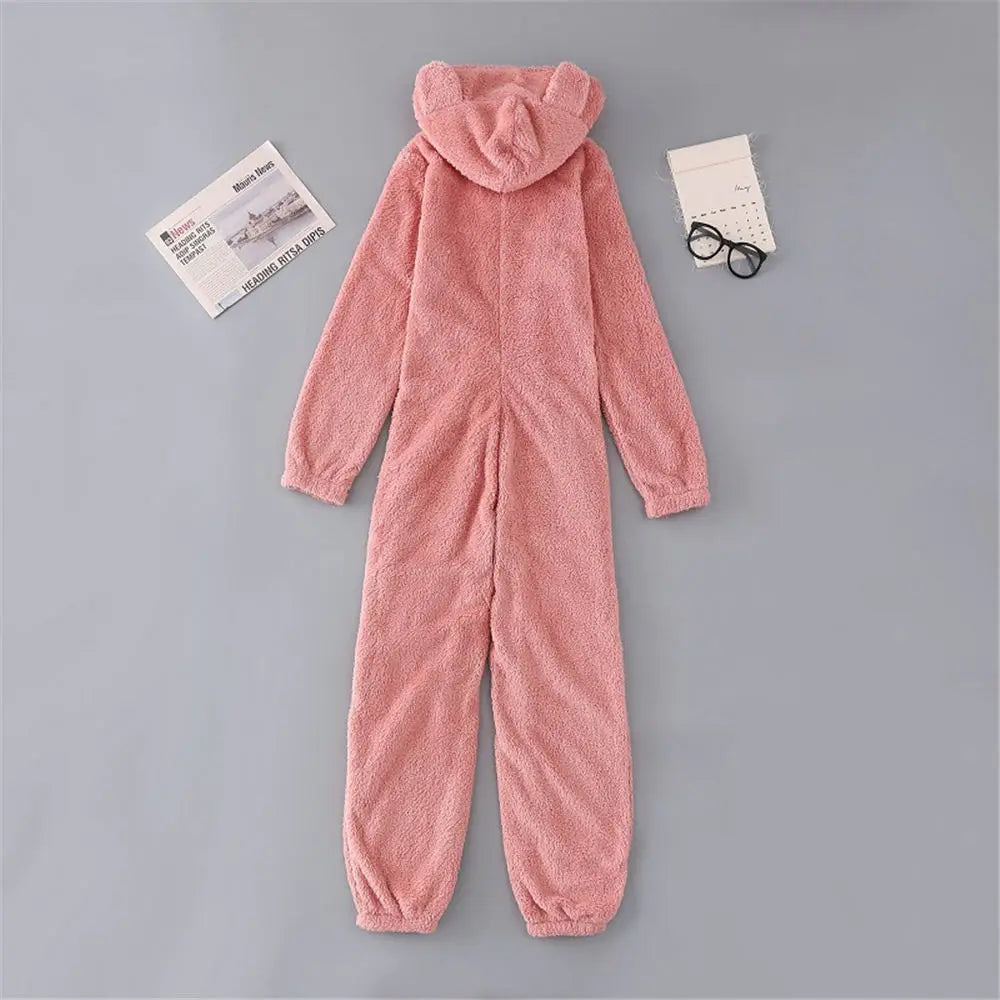 Women Winter Teddy Pajama Cute Bear Ears Sweater Fluffy Jumpsuit Plus Size 5XL Hooded Homewear Harajuku Fashion Plush Pajamas