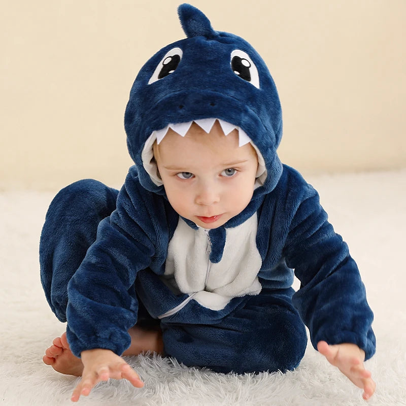 MICHLEY Shark Baby Rompers Winter Hooded Flannel Toddler Infant Clothes Overall Bodysuits Jumpsuit Costume For Kids Carnival