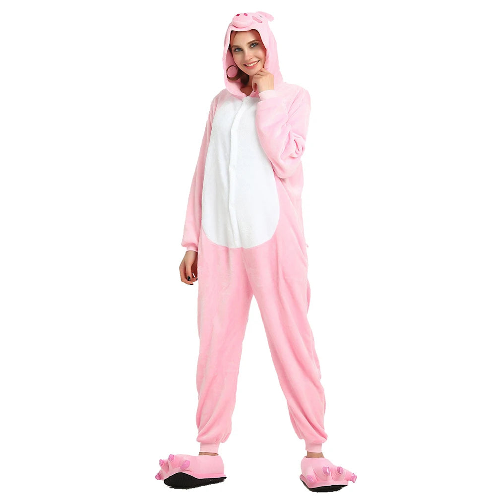 Adult Pig Onesie Cosplay Costume One Piece Pajamas Animal Plush Homewear Sleepwear Flannel Jumpsuits for Men Women Girls Boys