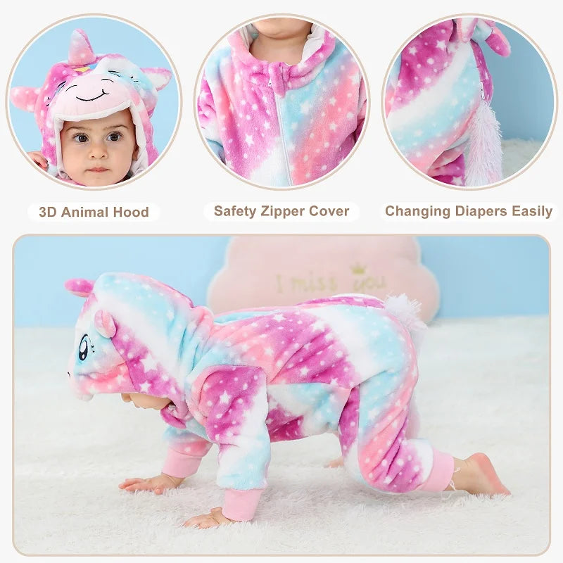 MICHLEY Shark Baby Rompers Winter Hooded Flannel Toddler Infant Clothes Overall Bodysuits Jumpsuit Costume For Kids Carnival