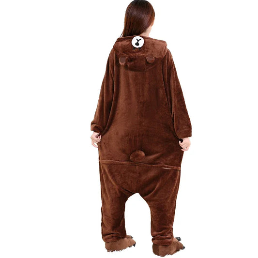 HKSNG Adult Plus Size XXL Bear Onesie Kigurumi Flannel Animal Party Zipper Button Overalls Kumamon Pajamas Suit Jumpsuit