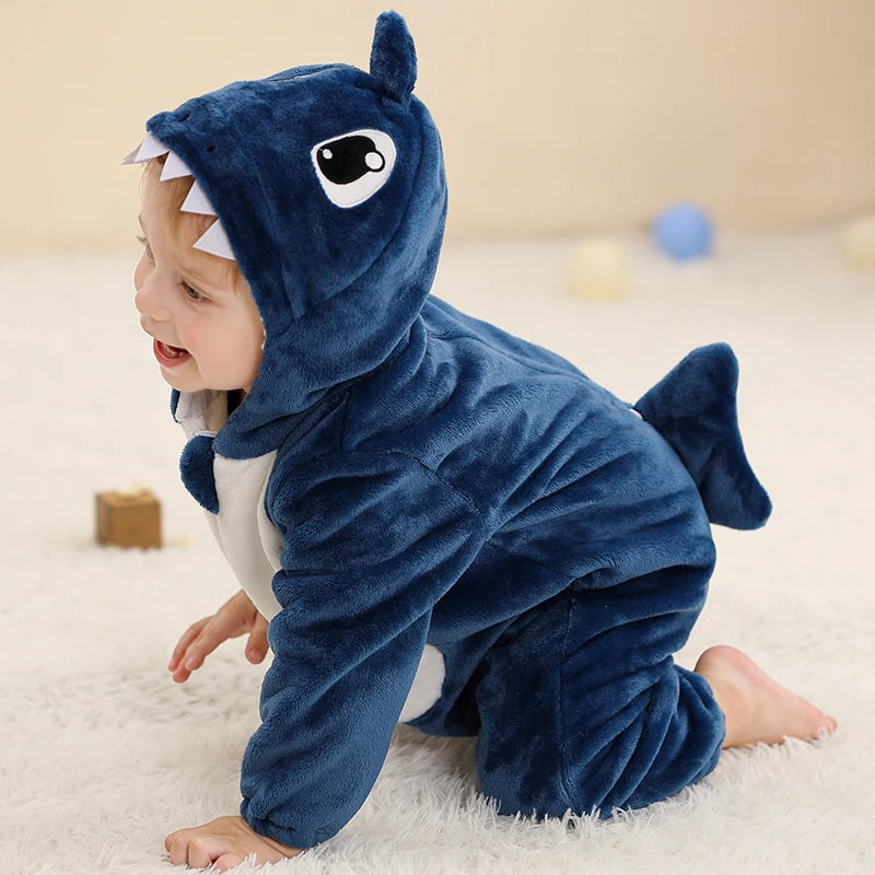 MICHLEY Shark Baby Rompers Winter Hooded Flannel Toddler Infant Clothes Overall Bodysuits Jumpsuit Costume For Kids Carnival