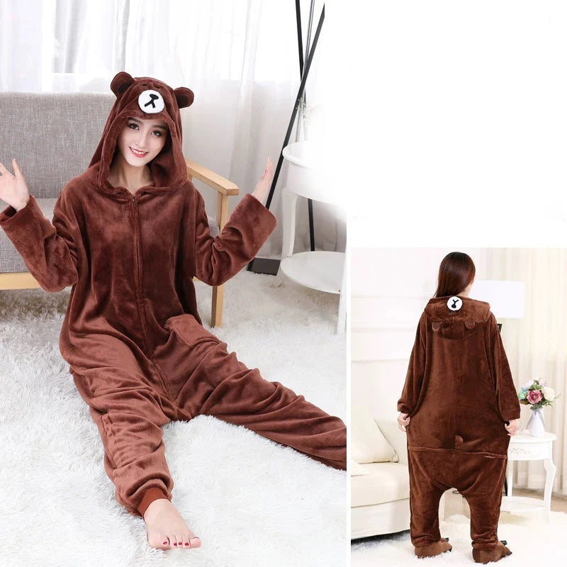 HKSNG Adult Plus Size XXL Bear Onesie Kigurumi Flannel Animal Party Zipper Button Overalls Kumamon Pajamas Suit Jumpsuit