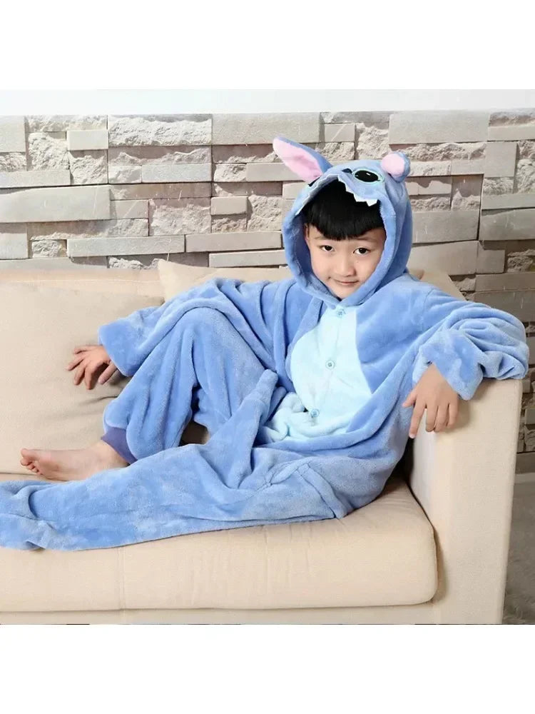 Disney Lilo & Stitch Pajama Children Cartoon Plush Kigurumi Onesies Winter Warm Clothes for Boys Girls Christmas Gifts