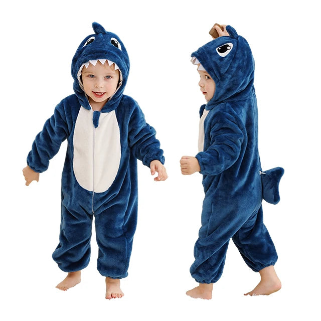 MICHLEY Shark Baby Rompers Winter Hooded Flannel Toddler Infant Clothes Overall Bodysuits Jumpsuit Costume For Kids Carnival