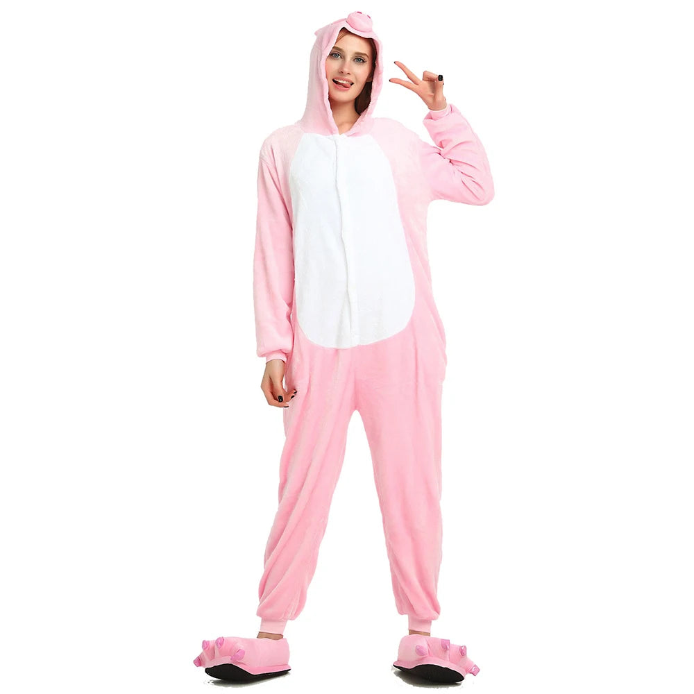 Adult Pig Onesie Cosplay Costume One Piece Pajamas Animal Plush Homewear Sleepwear Flannel Jumpsuits for Men Women Girls Boys