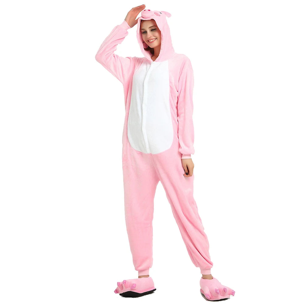 Adult Pig Onesie Cosplay Costume One Piece Pajamas Animal Plush Homewear Sleepwear Flannel Jumpsuits for Men Women Girls Boys