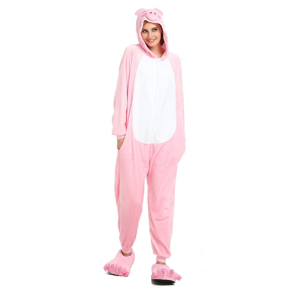 Adult Pig Onesie Cosplay Costume One Piece Pajamas Animal Plush Homewear Sleepwear Flannel Jumpsuits for Men Women Girls Boys