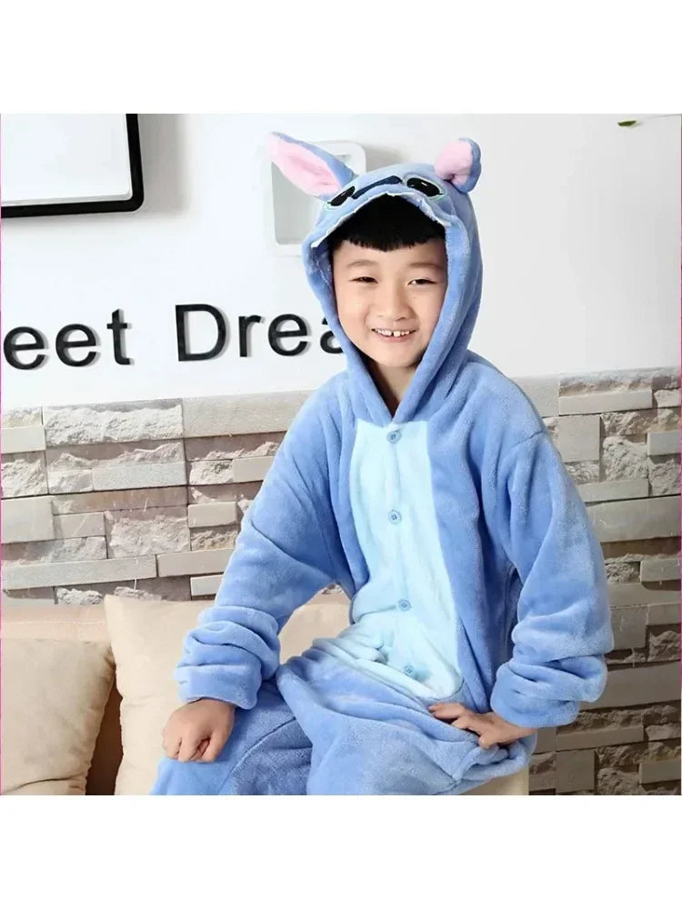 Disney Lilo & Stitch Pajama Children Cartoon Plush Kigurumi Onesies Winter Warm Clothes for Boys Girls Christmas Gifts