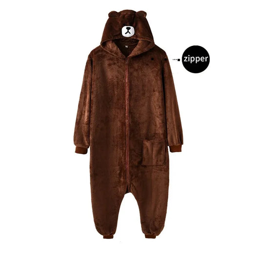 HKSNG Adult Plus Size XXL Bear Onesie Kigurumi Flannel Animal Party Zipper Button Overalls Kumamon Pajamas Suit Jumpsuit