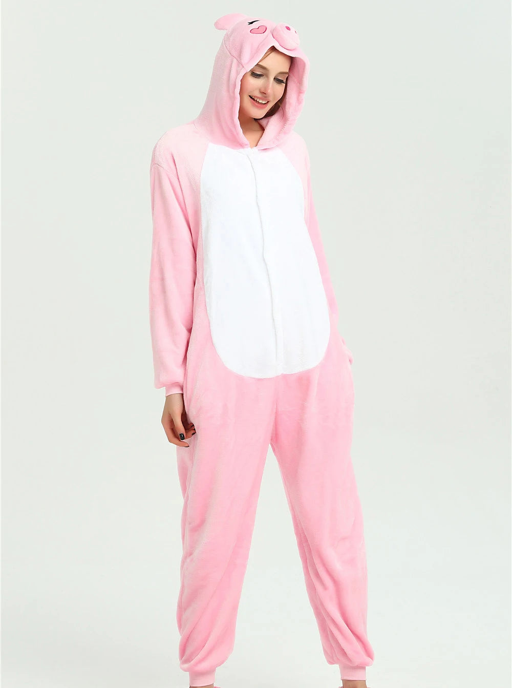 Adult Pig Onesie Cosplay Costume One Piece Pajamas Animal Plush Homewear Sleepwear Flannel Jumpsuits for Men Women Girls Boys