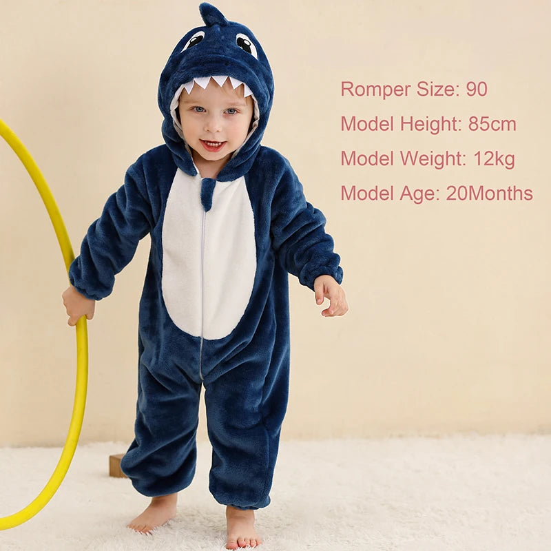 MICHLEY Shark Baby Rompers Winter Hooded Flannel Toddler Infant Clothes Overall Bodysuits Jumpsuit Costume For Kids Carnival